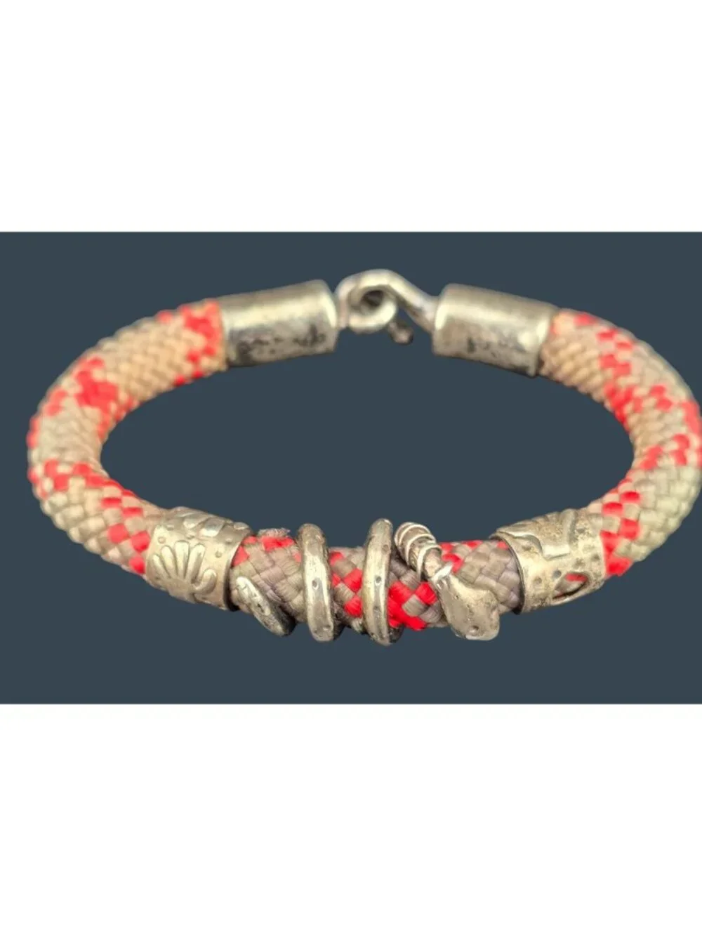 Vintage Mens Snake Red and Gray Cord Bracelet Metal Accents 6.25